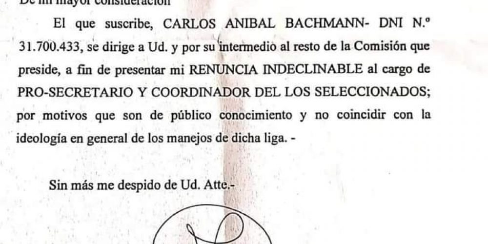 Renunció el Pro-Secretario y Coordinador de los Seleccionados de la Liga Federaense de Fútbol