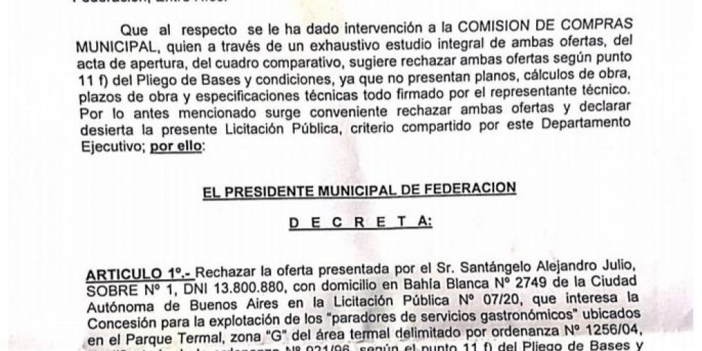 Se declaró desierta la licitación para la Explotación del Parador Gastronómico en Termas