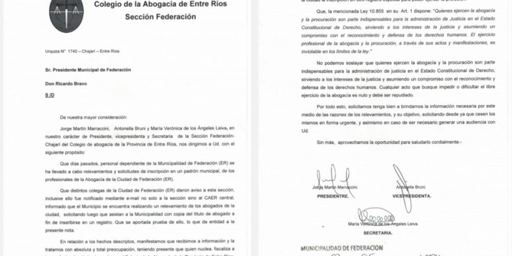 Solicitan al Municipio cese de manera urgente el relevamiento y solicitudes de inscripción en un padrón Municipal de los Profesionales de la Abogacía de la Ciudad de Federación